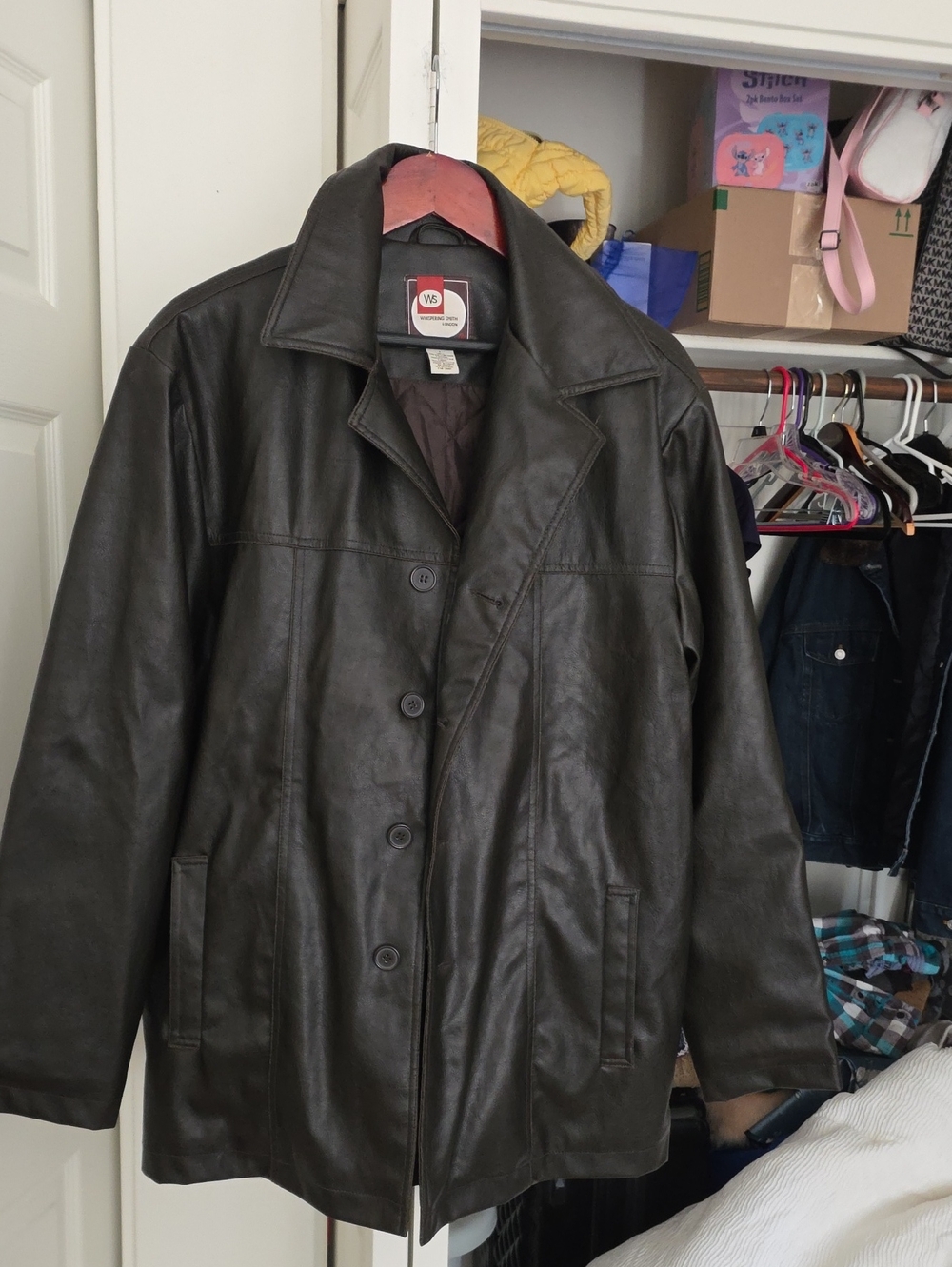 Men's Dark Brown Faux Leather Button-Front Pea Coat